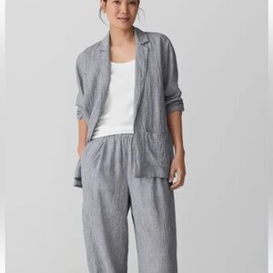 Eileen Fisher Organic Linen Open Front Blazer Jacket Womens Large Gray Striped